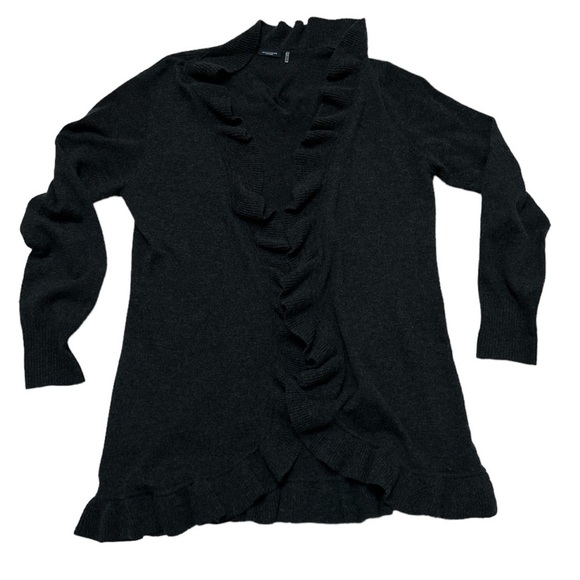 Magaschoni Cashmere Grey Open Sweater Ruffle Trim **Flaw Small Holes size L - Picture 1 of 11